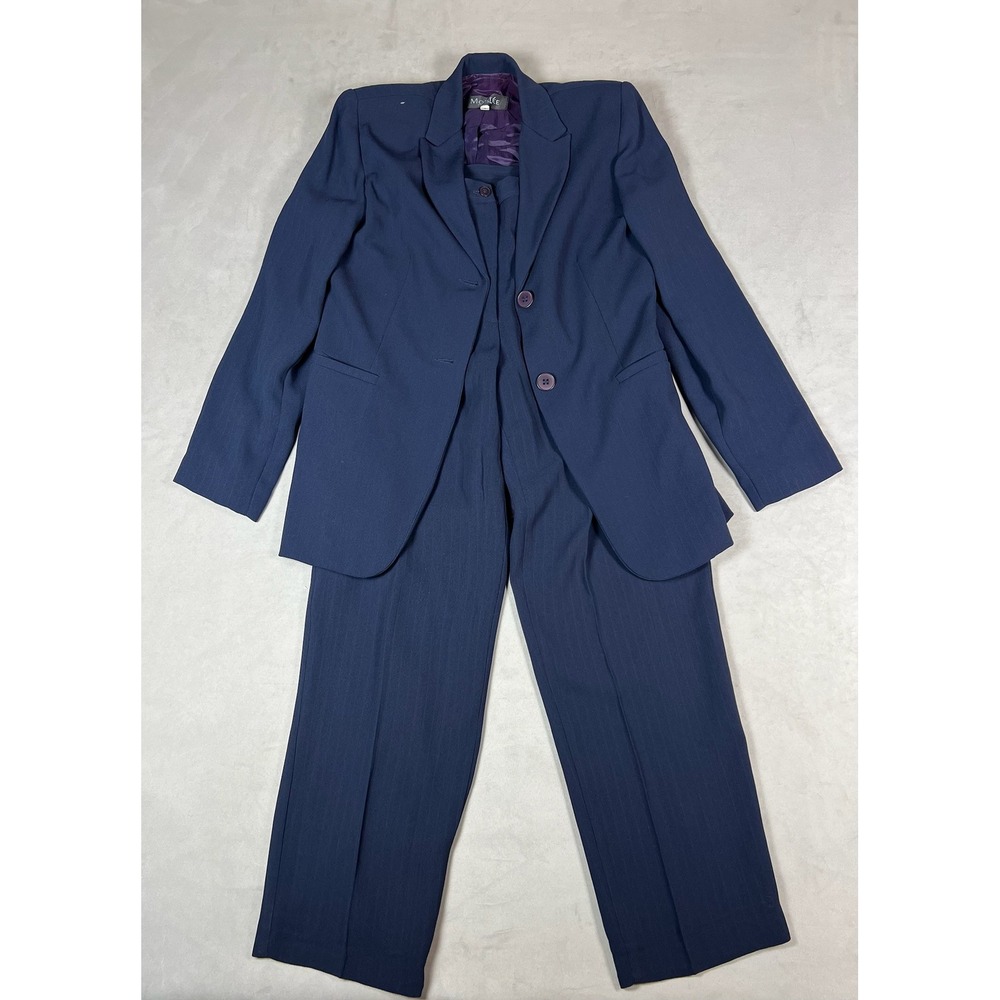 Montee Collection Navy Blue 2-Piece Pant Suit Blazer Trousers Sz 4 Purple Lining